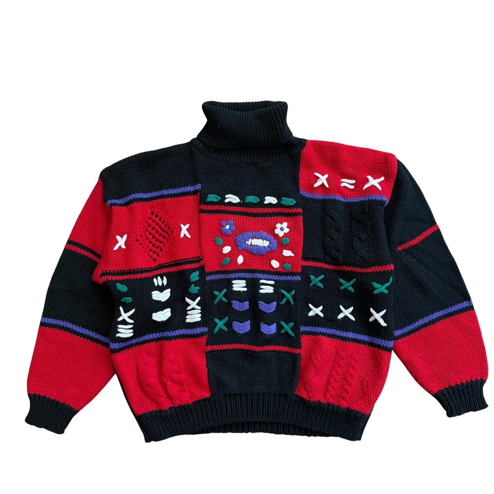 Back to Back Vintage Colorblock Embroidered Turtleneck Sweater Red Black Women M